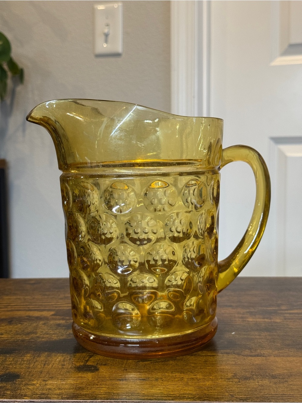 Vintage Hazel Atlas El Dorado Amber Glass Pitcher 8” Thumbprint Coin Dot MCM